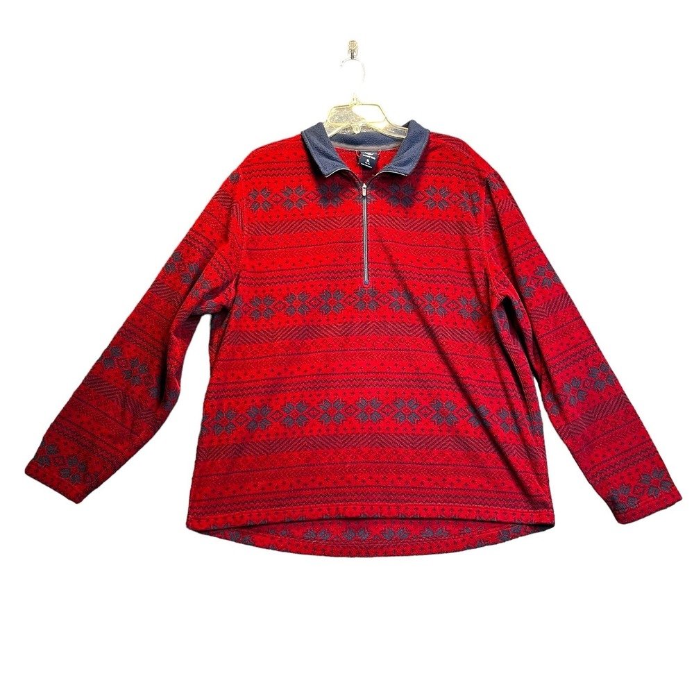 Lands End Sweater Mens XL Red Navy Fair Isle Snowflake Zip Long Sleeve Pullover